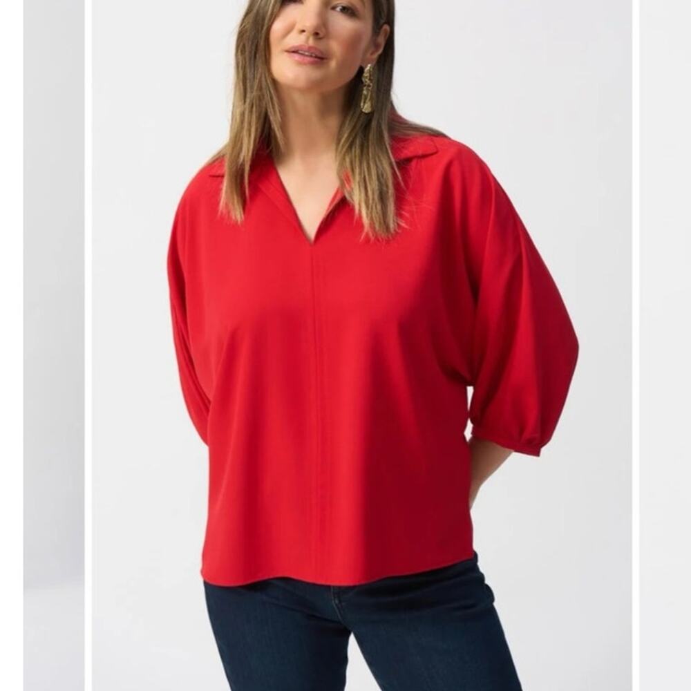 Joseph Ribkoff Radiant Red Boxy Blouse Sz 10 Collared V-Neck 3/4 Sleeves Modern